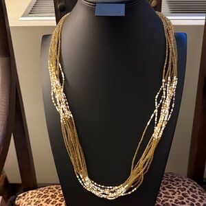 Multi Strand Layered Glass Seed Bead Statement Necklace in Gold & White.